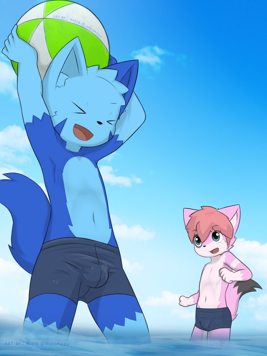 anthro beach blue_body blue_fur blue_sky clothing cloud duo fur looking_at_another male male/male navel open_mouth pink_body pink_fur playing_ball seaside sky smile swimming_trunks swimwear water young young_anthro young_male hazumazu haziq_(hazumazu) naz_namaki_(cynxie) domestic_cat felid feline felis mammal 2020 3:4 hi_res