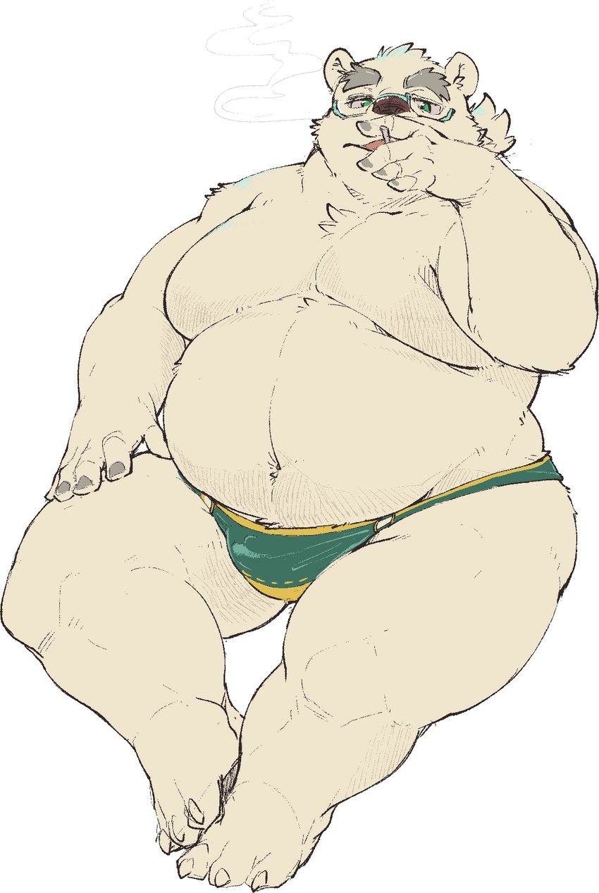 anthro belly big_belly clothing kemono male moobs overweight overweight_male simple_background sitting smoking solo underwear white_background exe_exem lifewonders tokyo_afterschool_summoners leib_(tas) bear mammal polar_bear ursine 2023 hi_res