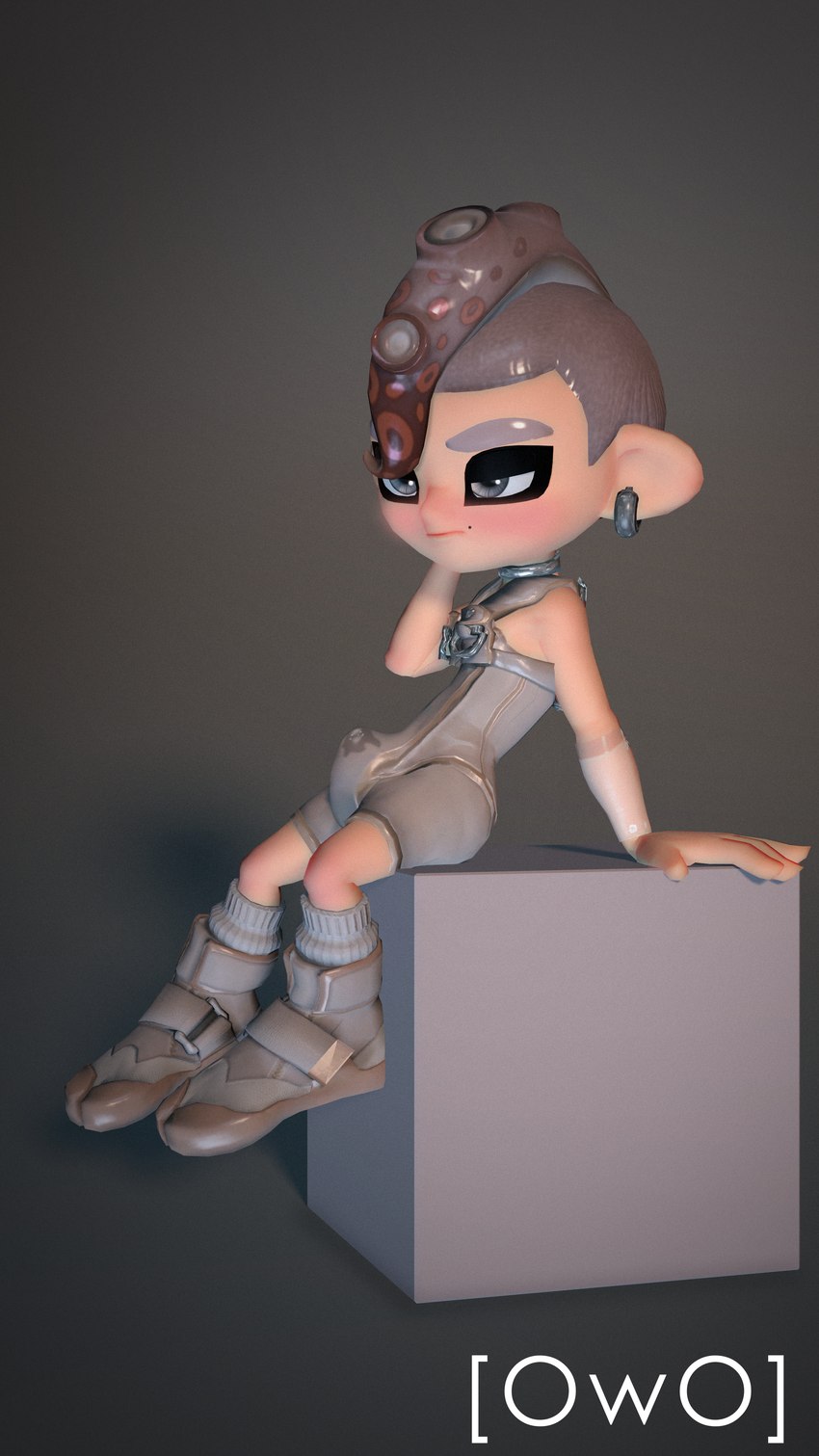 blush bodily_fluids bodysuit boots brown_hair bulge clothing ear_piercing ear_ring footwear genital_fluids grey_eyes grey_hair hair male markings mole_(marking) piercing precum pseudo_hair ring_piercing shoes simple_background sitting skinsuit socks solo tentacle_hair tentacles tight_clothing owo_sfm nintendo splatoon agent_8_(splatoon) octoling_boy humanoid 3d_(artwork) 4k 9:16 absurd_res digital_media_(artwork) hi_res