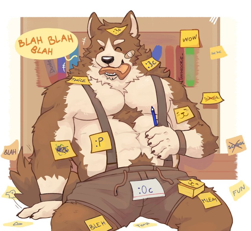 5_fingers :3c abs anthro band-aid band-aid_on_face bandage bandage_on_face big_muscles black_lips black_nose blah_blah_blah blush blush_lines body_hair book bookshelf bottomwear bread brown_body brown_bottomwear brown_clothing brown_fur brown_shorts brown_wristband chest_hair claws clothed clothing countershade_arms countershade_face countershade_fur countershade_hands countershade_torso countershading emoticon eyes_closed finger_claws fingers food food_in_mouth fur furniture happy_trail heart_symbol holding_object holding_pencil lips male multicolored_body multicolored_fur muscular muscular_anthro muscular_male open_mouth pecs pencil_(object) post-it_note ruff sharp_teeth shorts sitting snout solo suspenders tail tan_body tan_countershading tan_fur teeth text three-quarter_view topless two_tone_body two_tone_fur yellow_speech_bubble tangkookie leo_(tangkookie) canid canine canis mammal wolf 2024 artist_name cel_shading digital_media_(artwork) english_text portrait shaded three-quarter_portrait