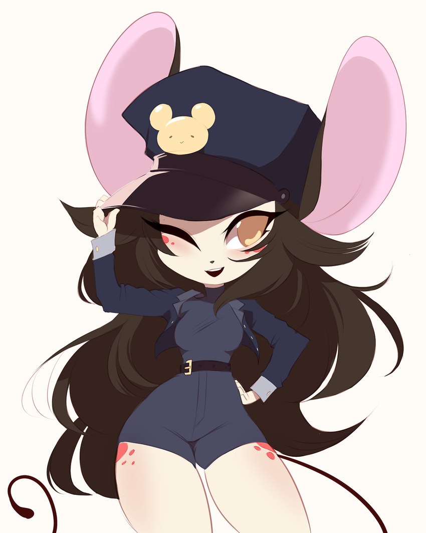 anthro breasts clothed clothing female hair hat headgear headwear long_hair one_eye_closed police police_officer police_uniform simple_background solo uniform white_background kanel moni_(nimonichi) mammal mouse murid murine rodent 4:5 hi_res portrait three-quarter_portrait