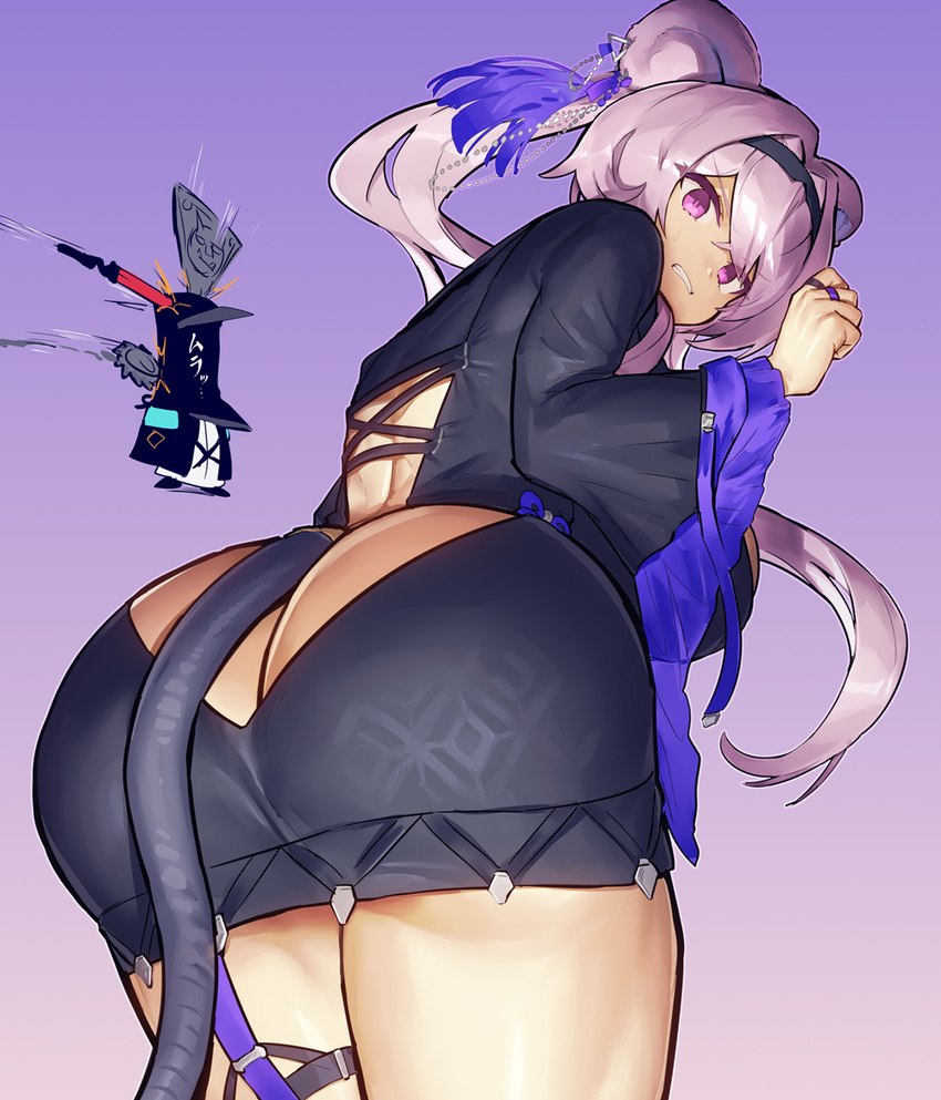 accessory ambiguous_gender big_breasts breasts butt butt_cutout butt_focus clothed clothing cutout dress duo ear_clip female female_focus hair hair_accessory hairband huge_breasts knife long_hair looking_back low-angle_view no_underwear open_back_dress pink_hair purple_eyes rear_view ring tail teeth twintails_(hairstyle) weapon melon22 arknights hypergryph studio_montagne doctor_(arknights) lin_yuhsia_(arknights) animal_humanoid humanoid mammal mammal_humanoid murid murid_humanoid murine murine_humanoid rat_humanoid rodent rodent_humanoid