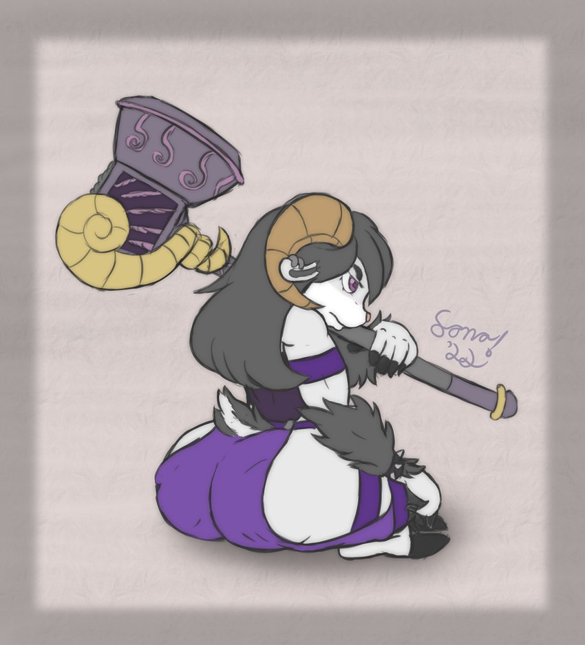 big_butt brooding butt crossed_legs exposed_thighs frown hair hammer horn long_hair sitting tools weapon sonomatic sono_(sonomatic) bovid caprine mammal sheep colored_sketch flat_colors hi_res sketch