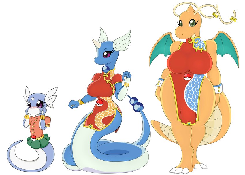 antennae_(anatomy) anthro armwear asian_clothing big_breasts blue_body bottomwear breasts chinese_clothing clothed clothing east_asian_clothing female green_eyes group horn huge_breasts legless orange_body pokeball purple_eyes shirt simple_background skirt tail topwear trio white_background wings urusee584 nintendo pokemon dragonair dragonite dratini generation_1_pokemon pokemon_(species) hi_res