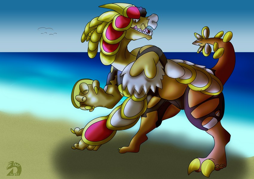 beach black_hair feral hair male mid_transformation seaside solo species_transformation tail transformation dragonwithgames mythology nintendo pokemon dragon generation_7_pokemon kommo-o mythological_creature mythological_scalie pokemon_(species) scalie hi_res shaded