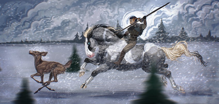 belt blue_eyes duo feral grey_body hair highlights_(coloring) hooves horse_ears horse_tail hunting long_boots male markings melee_weapon mount/rider_relations pink_nose polearm ponytail running snow spear weapon white_markings ponynok deer human mammal skjavr_(ponynok) digital_media_(artwork) digital_painting_(artwork) hi_res