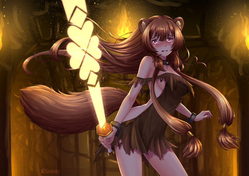 breasts brown_body brown_fur brown_hair clothing female fur hair long_hair melee_weapon simple_background solo sword weapon adsouto the_rising_of_the_shield_hero raphtalia animal_humanoid canid canid_humanoid canine canine_humanoid humanoid mammal mammal_humanoid tanuki_humanoid hi_res