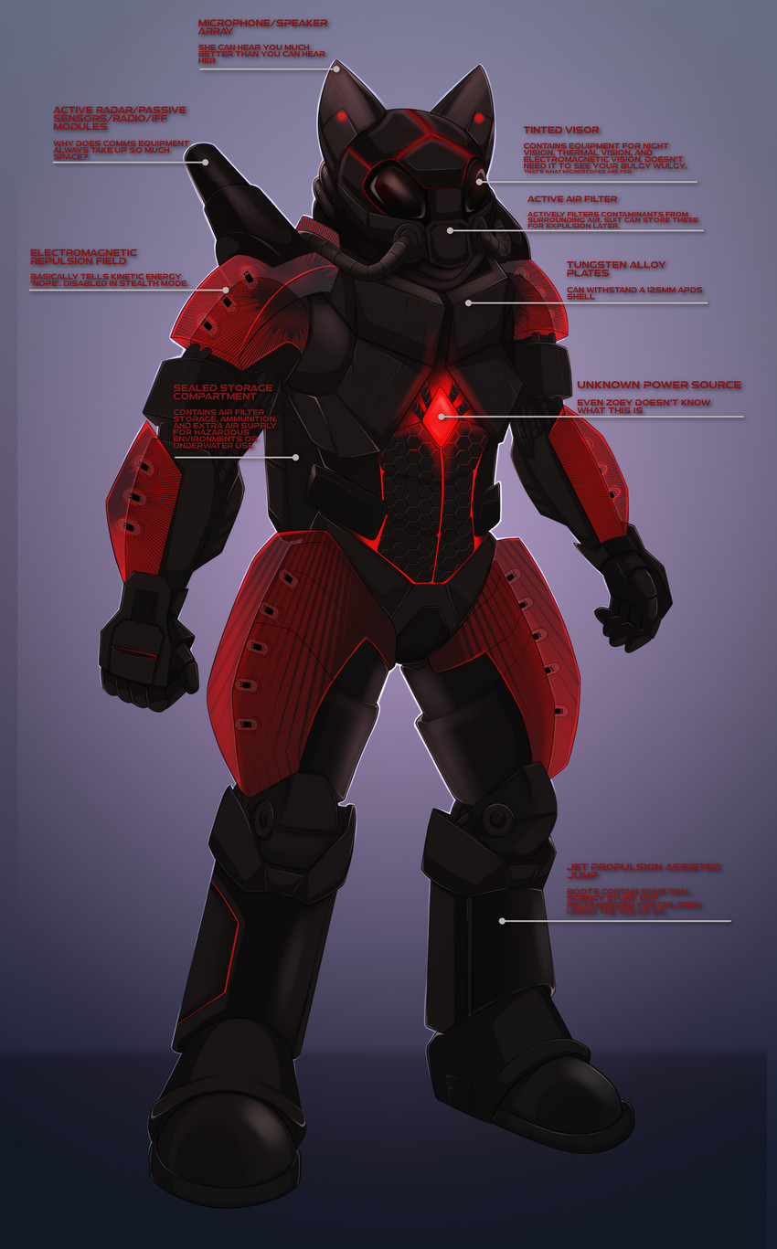 anthro armor clothing energy_shield female glowing glowing_markings headgear helmet machine markings mask mech_suit solo suit text nastynatalie sigma_au zoey_lavender canid canine fox mammal red_fox true_fox absurd_res english_text hi_res model_sheet