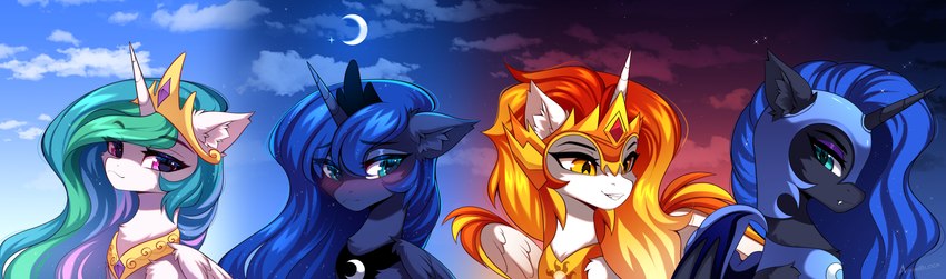 blue_hair blue_mane blue_sky blush cloud corrupted crescent_moon crowns day ears_down ears_up fangs female feral fiery_hair fire flaming_hair flaming_mane folded_wings frown group hair horn light mane moon multicolored_hair multicolored_mane night pivoted_ears pseudo_hair pseudo_mane regalia sky smile star sunlight teeth wings airiniblock friendship_is_magic hasbro my_little_pony daybreaker_(mlp) nightmare_moon_(mlp) princess_celestia_(mlp) princess_luna_(mlp) absurd_res hi_res sibling_(lore) sister_(lore) sisters_(lore)