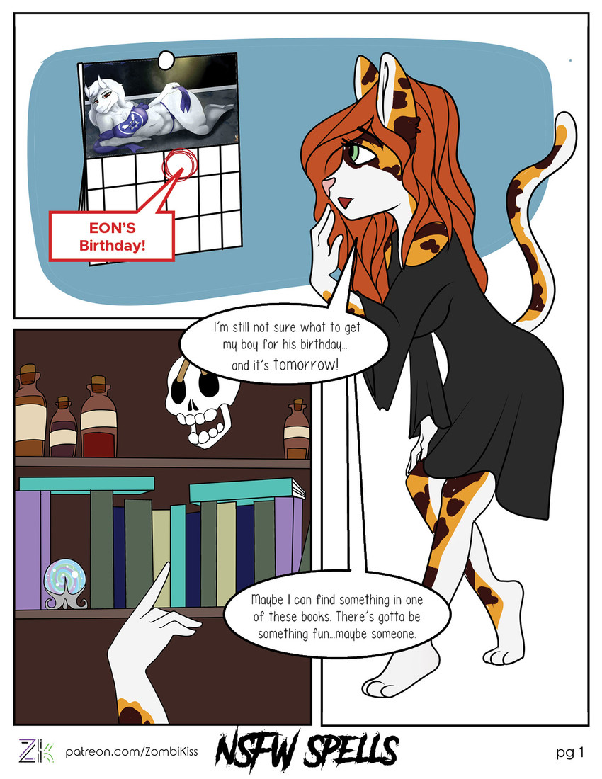 anthro barefoot black_clothing black_dress bone book calendar clothing crystal_ball dress feet female green_eyes hair magic_user mature_anthro mature_female mottled orange_hair piebald skull text witch witchcraft zombikiss nsfw_spells undertale undertale_(series) eon toriel calico_cat demon domestic_cat felid feline felis mammal hazel_(disambiguation) comic english_text hi_res url