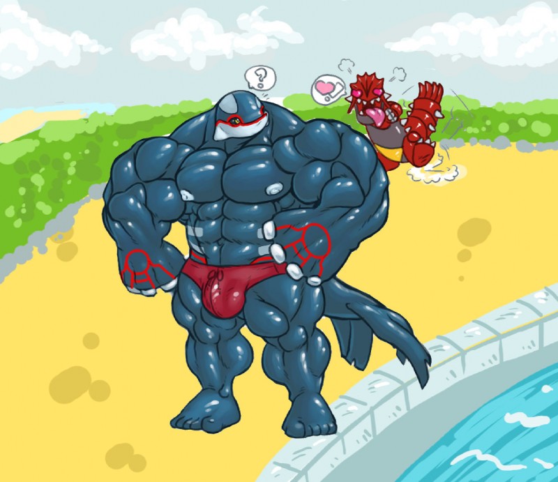 anthro bulge claws clothed clothing duo fangs heart_symbol horn male male/male muscular pokemorph red_clothing red_swimwear skimpy speedo standing swimwear tail teeth yellow_eyes tkc2021 mythology nintendo pokemon dragon generation_3_pokemon groudon kyogre legendary_pokemon mythological_creature mythological_scalie pokemon_(species) scalie