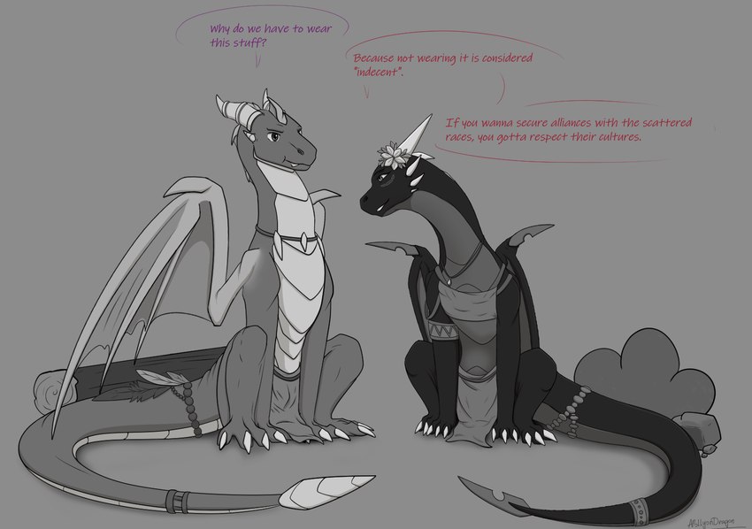 accessory all_fours ambassador clothed clothing dialogue duo feathers female feral flower_on_head horn jewelry log male multi_horn necklace plant shrub tail text wings wood apollyondragon activision european_mythology mythology spyro_the_dragon cynder spyro dragon mythological_creature mythological_scalie scalie western_dragon 2024 digital_drawing_(artwork) digital_media_(artwork) english_text monochrome signature