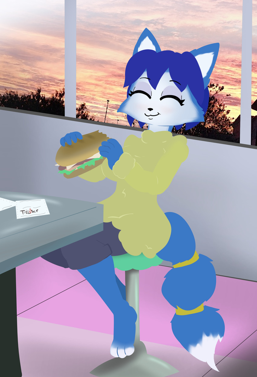 3_toes accessory anthro barefoot blue_body blue_fur blue_hair bottomwear bread chewing clothing eating eyes_closed feet female food fur furgonomics furniture hair happy holding_food holding_object jewelry minimal_color napkin no_outlines pink_sky plant ring sandwich_(food) shirt short_hair shorts sitting sky sleeves smile solo stool sunset sweater table tail tail_accessory tail_jewelry tail_ring toes topwear tree window yellow_clothing yellow_shirt yellow_topwear te0l0ser nintendo star_fox krystal_(star_fox) canid canine fox mammal absurd_res hi_res pastel_theme