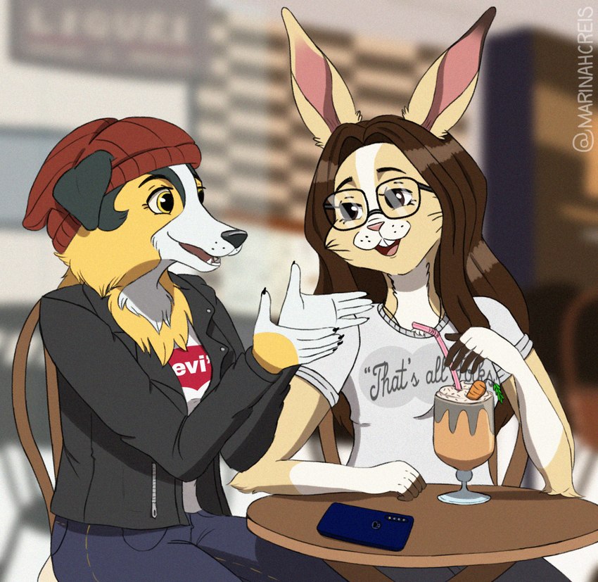 anthro beverage bottomwear carrot cellphone chatting clothing coffee coffeeshop denim denim_bottomwear denim_clothing dialogue duo electronics eyewear female female/female food glasses hat headgear headwear jacket jeans leather mall milkshake pants phone plant topwear vegetable linanina looney_tunes warner_brothers levis border_collie canid canine canis collie domestic_dog herding_dog lagomorph leporid mammal pastoral_dog rabbit sheepdog hi_res