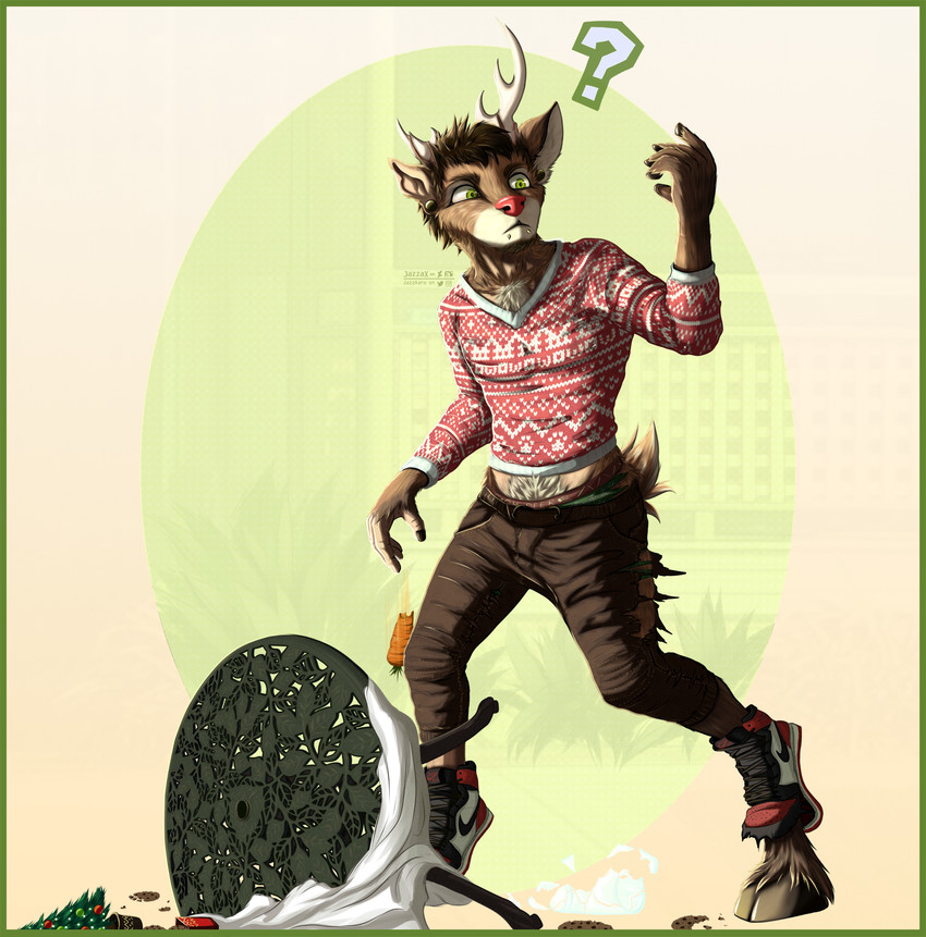 anthro antler_growth christmas_clothing christmas_sweater christmas_topwear clothing confusion fingers fur fur_growth growth holidays hooved_fingers hooves human_to_anthro male mid_transformation question_mark solo species_transformation sweater tail tail_growth topwear torn_clothing torn_shoes transformation jazzaaro christmas deer human mammal new_world_deer reindeer hi_res