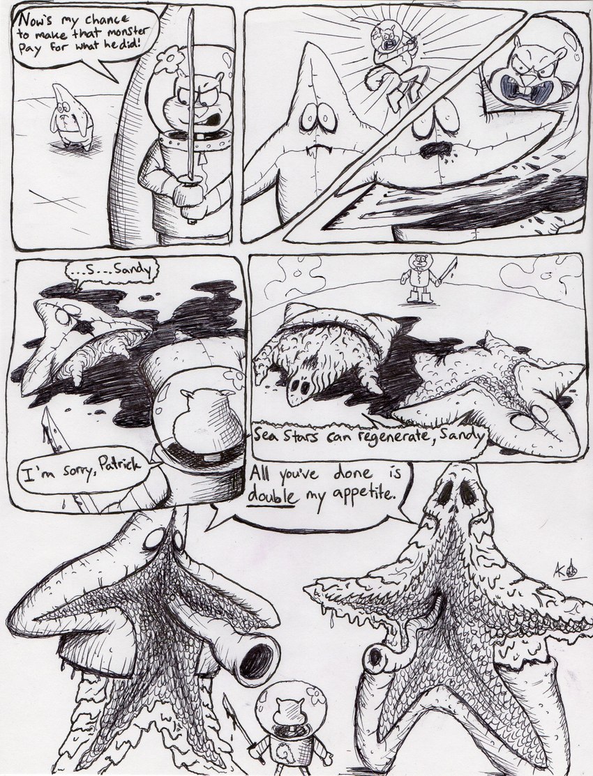 anthro blood bodily_fluids body_horror buckteeth dialogue female gore katana melee_weapon speech_bubble sword teeth text underwater water weapon stillinthesimulation nickelodeon spongebob_squarepants patrick_star sandy_cheeks asterozoan echinoderm mammal marine rodent sciurid starfish tree_squirrel absurd_res comic english_text hi_res monochrome