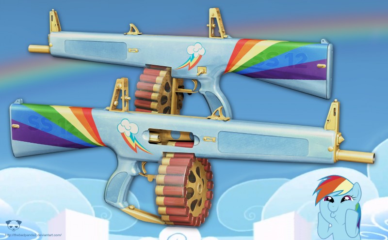 aa-12 blue_body blue_fur female fur gun military ranged_weapon shotgun solo weapon thebadpanda2 friendship_is_magic hasbro my_little_pony rainbow_dash_(mlp) equid equine horse mammal pony 2012 3d_(artwork) digital_media_(artwork) hi_res