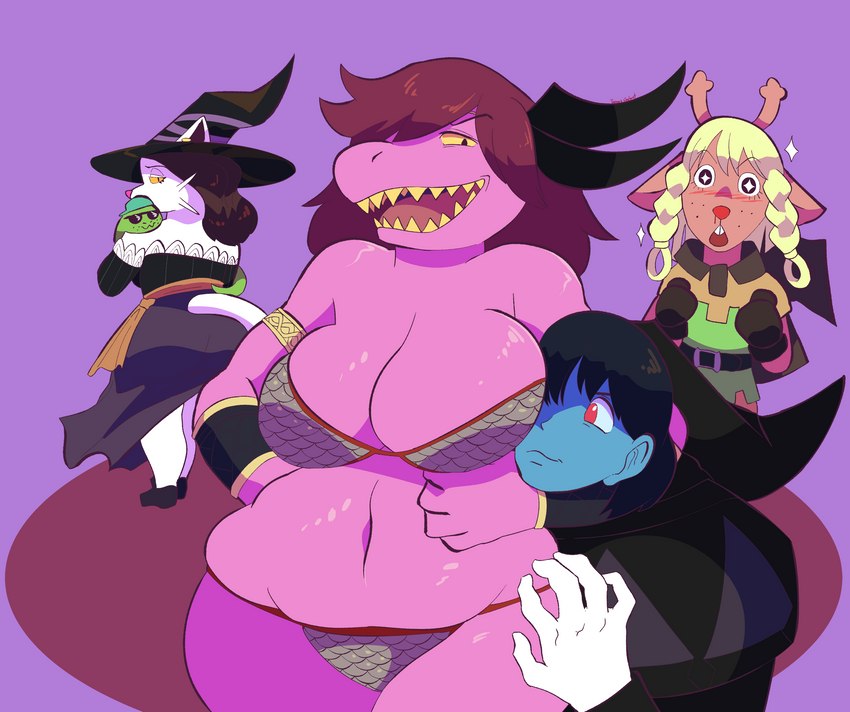 ambiguous_gender anthro armlet big_breasts biped black_clothing black_hair black_topwear blue_body blue_skin breasts cleavage clothed clothing cosplay crossover_cosplay dress female group hair hat headgear headwear horn lace laugh long_hair male orange_eyes outline overweight overweight_anthro overweight_female pink_body purple_background red_eyes shirt simple_background slightly_chubby slightly_chubby_anthro slightly_chubby_female smile tan_body teeth topwear tunic white_body wide_hips witch_costume witch_hat yellow_teeth toonarscontent deltarune dragon's_crown undertale_(series) vanillaware amazon_(dragon's_crown) catti_(deltarune) kris_(deltarune) noelle_holiday susie_(deltarune) deer domestic_cat felid feline felis human mammal reptile scalie snake absurd_res crossover digital_media_(artwork) hi_res signature