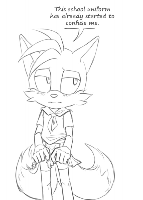 2_tails 5_fingers anthro bottomwear clothed clothing crossdressing dipstick_tail femboy fingers fluffy fluffy_tail front_view fully_clothed male markings multi_tail restraints school_uniform simple_background skirt solo speech_bubble standing stocks tail tail_markings text undressing uniform white_background topazice sega sonic_the_hedgehog_(series) miles_prower canid canine fox mammal english_text greyscale hi_res monochrome sketch