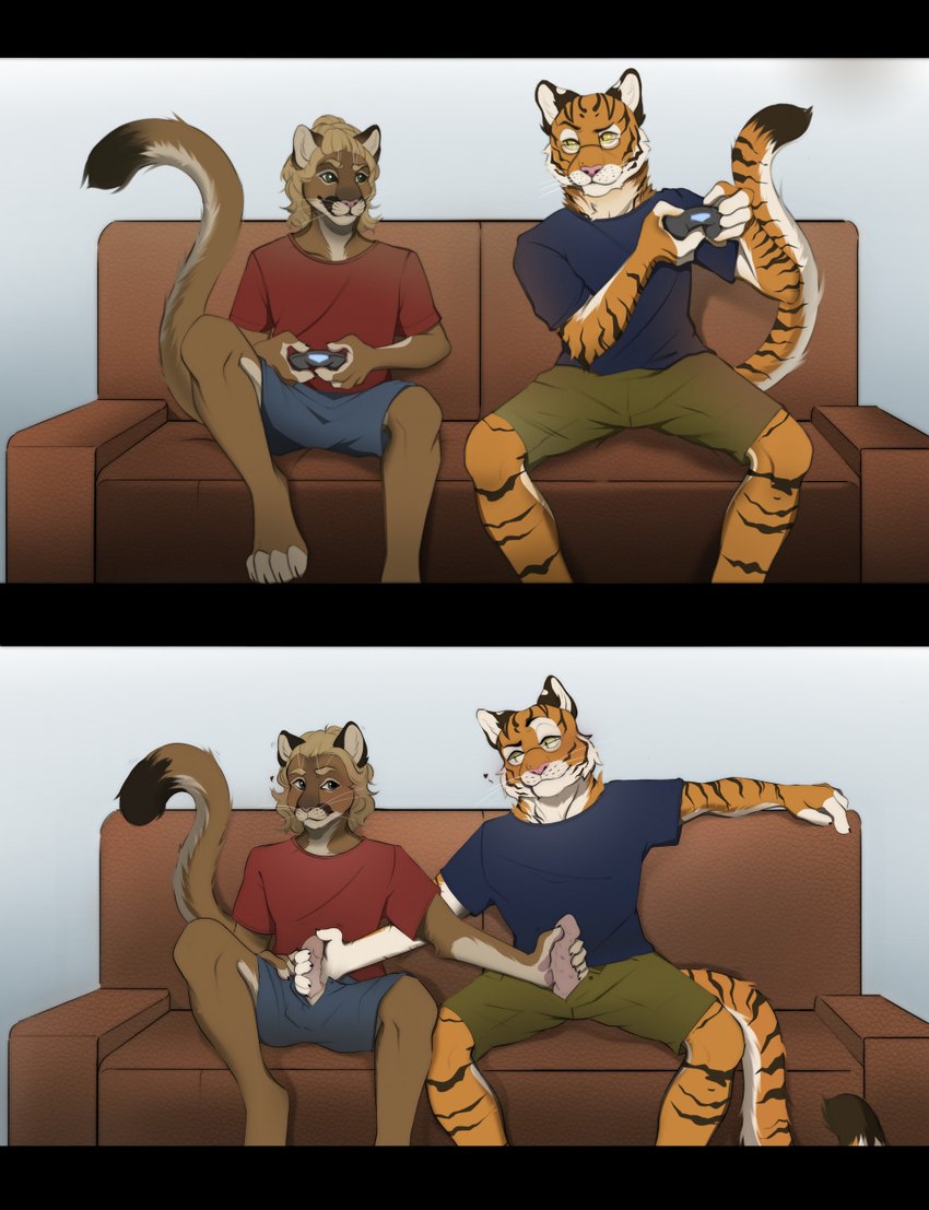 2_panel_comic anthro biped black_bars blonde_hair blue_bottomwear blue_clothing blue_shirt blue_shorts blue_topwear bottomwear bros_being_bros brown_body brown_fur clothed clothing controller countershade_face countershade_fur countershade_tail countershading duo erection fur furniture game_controller gaming genitals green_bottomwear green_clothing green_eyes green_shorts hair hand_on_penis handjob holding_controller holding_game_controller holding_object male male/male markings mutual_handjob mutual_masturbation on_sofa orange_body orange_fur penile penile_spines penis pink_nose pink_penis playing_video_game red_clothing red_shirt red_topwear sex shirt shorts sitting sitting_on_sofa sofa striped_body striped_fur striped_markings stripes tail topwear whiskers yellow_eyes bulochka fred_(freedom_fighter_tiger) ned_poynter felid mammal pantherine tiger 2022 digital_media_(artwork) hi_res letterbox shaded