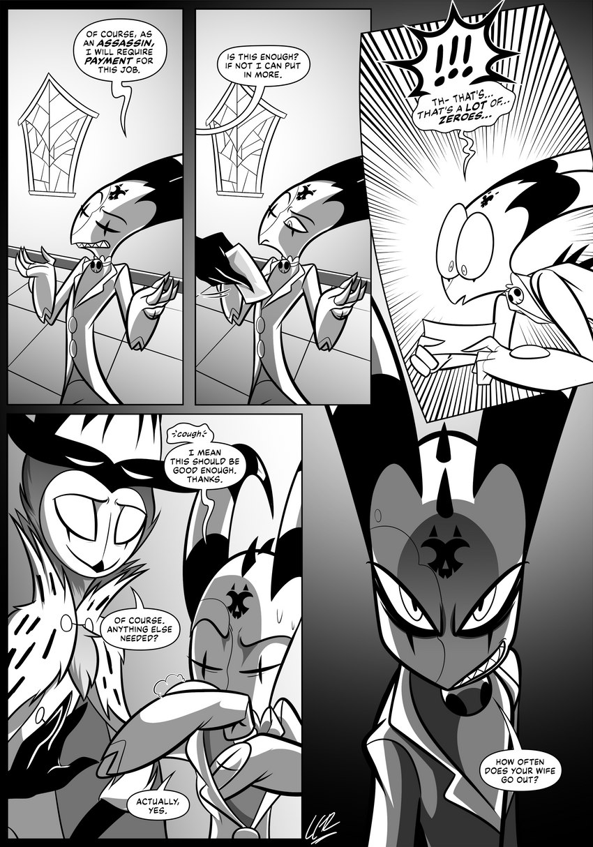 bedroom dialogue evil_face exaggerated_expression eye_popping glaring_at_viewer shocked text elcee_rod helluva_boss blitzo_(helluva_boss) stolas_(helluva_boss) avian_demon imp absurd_res comic english_text hi_res monochrome