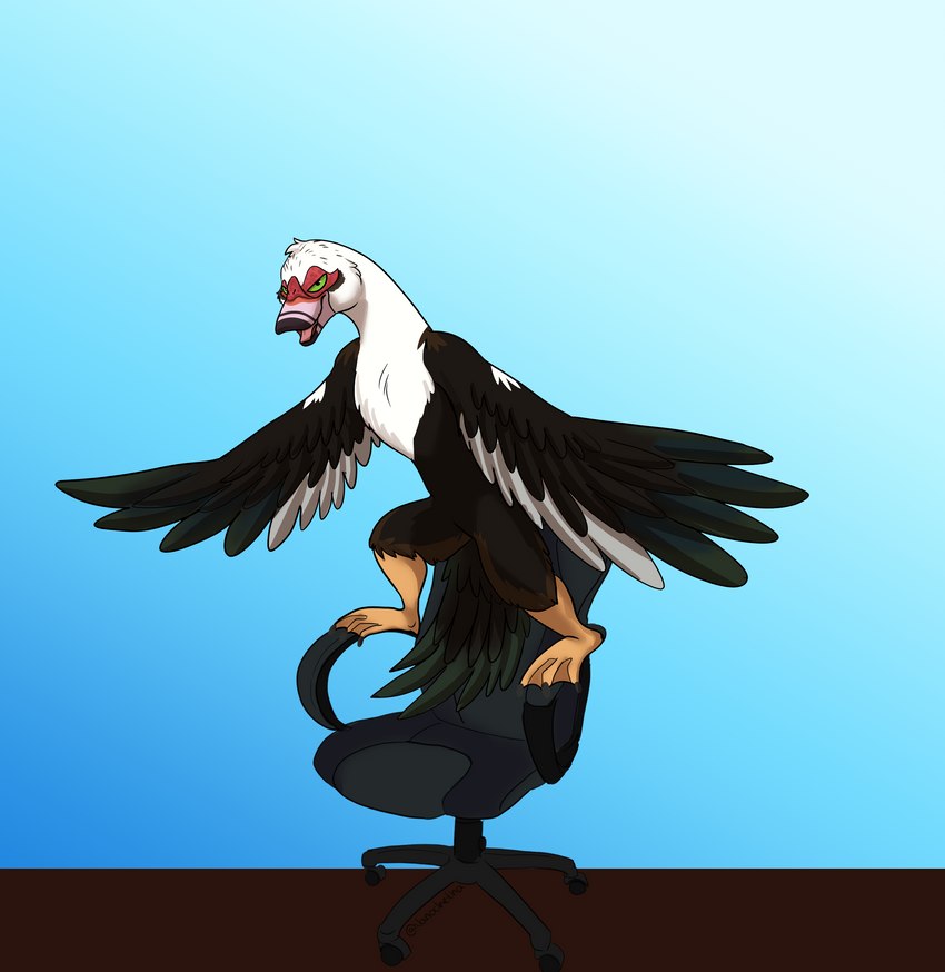 anthro chair furniture male mimi_muscovy_duck osha_violation solo standing ashcinderwolf nanochetha not_safe_for_work anatid anseriform avian bird duck muscovy_duck absurd_res hi_res