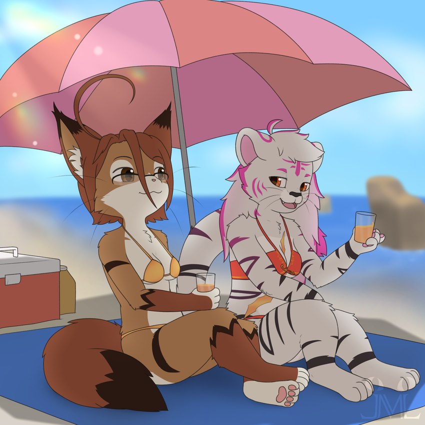 anthro beach belly bikini breasts brown_body brown_eyes brown_fur clothing duo eyewear female fur glasses hair juice_(beverage) medium_breasts orange_eyes pawpads pink_hair scar swimwear tan_belly two-piece_swimsuit umbrella white_body white_fur jm-luxro byanka_(jmluxro) orito_(saucy) domestic_cat felid feline felis mammal pantherine tiger 1:1 hi_res