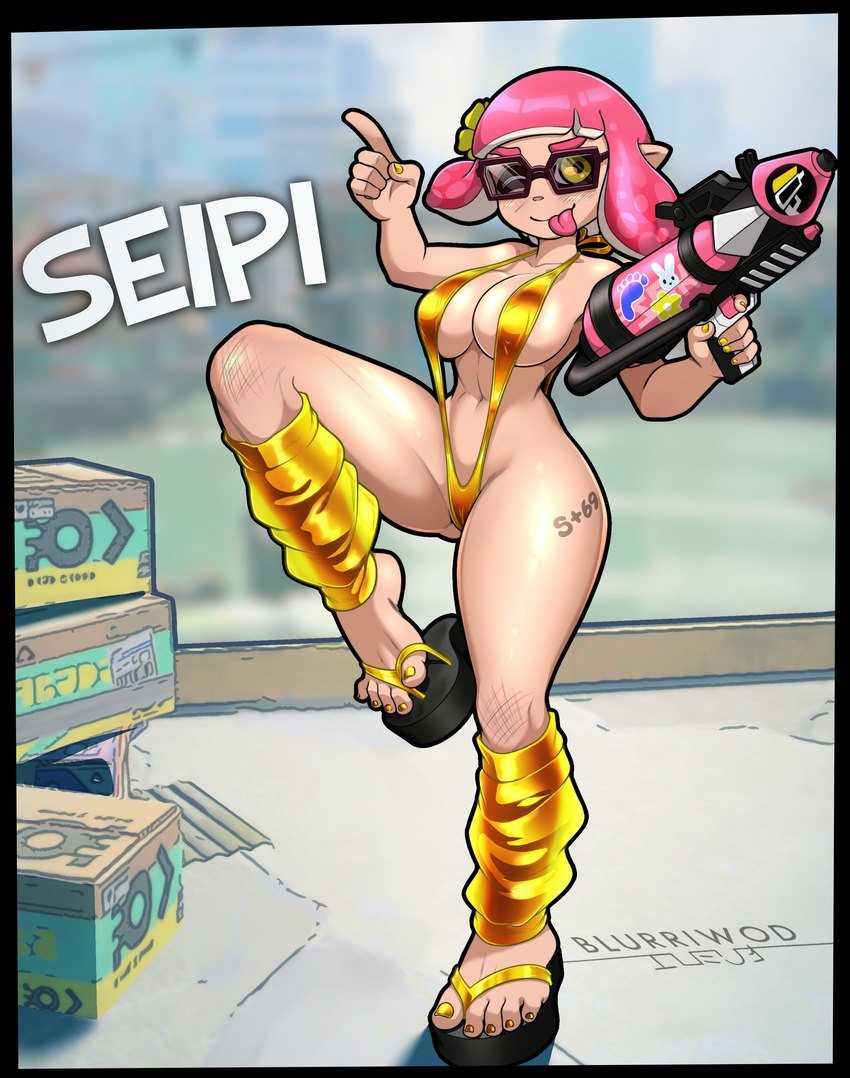 accessory big_breasts bikini blush blush_lines breasts clothing colored_nails female flower flower_in_hair footwear gold_bikini gold_legwear gun hair hair_accessory holding_gun holding_object holding_ranged_weapon holding_weapon legwear looking_at_viewer nails navel on_one_leg one-piece_swimsuit one_eye_closed pink_hair plant pseudo_hair ranged_weapon sandals shoes short_hair sling_bikini solo splattershot_pro standing swimwear tan_body tan_skin tentacle_hair tentacles text thick_thighs tongue tongue_out two-piece_swimsuit weapon wide_hips wink winking_at_viewer yellow_eyes yellow_nails blurriwod golden_week nintendo splatoon fan_character seipi_(blurriwod) animal_humanoid cephalopod cephalopod_humanoid humanoid inkling marine marine_humanoid mollusk mollusk_humanoid squid_humanoid absurd_res hi_res