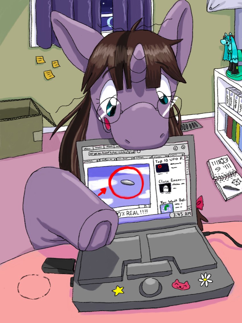 computer electronics eyewear female feral glasses hooves horn laptop solo text unicorn_horn mimill3 hasbro my_little_pony mythology vocaloid youtube fan_character hatsune_miku para_phenomena equid equine mammal mythological_creature mythological_equine unicorn english_text hi_res