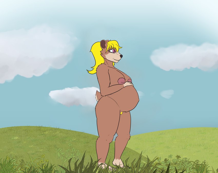 4_fingers 4_toes anthro areola barefoot belly big_areola big_belly big_breasts black_nose blonde_hair breasts brown_body brown_fur cheek_tuft cloud eyelashes facial_tuft feet female field fingers fur grass hair hand_on_belly hill inverted_nipples nipples nude pigtails pink_eyes plant pregnant pregnant_anthro pregnant_female pubes sky skyscape small_tail smile solo tail tan_body tan_fur toes tuft space_cyan deta's_sagas margaret_bodark bear brown_bear detan mammal ursine absurd_res hi_res