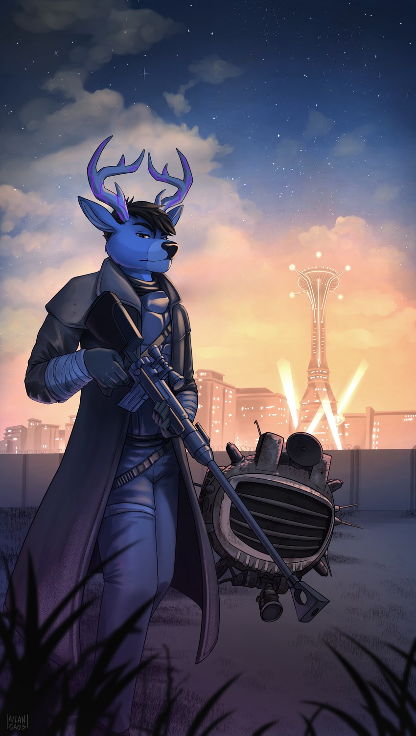 antlers city city_background city_lights clothed clothing combat_armor fur glowing_antlers gun hair horn looking_at_viewer new_vegas ranged_weapon rifle sniper_rifle weapon allan_caos fallout microsoft archie_b_antlers_(archiehasantlers) ed-e_(fallout) deer mammal 2023 absurd_res digital_drawing_(artwork) digital_media_(artwork) hi_res nonbinary_(lore)