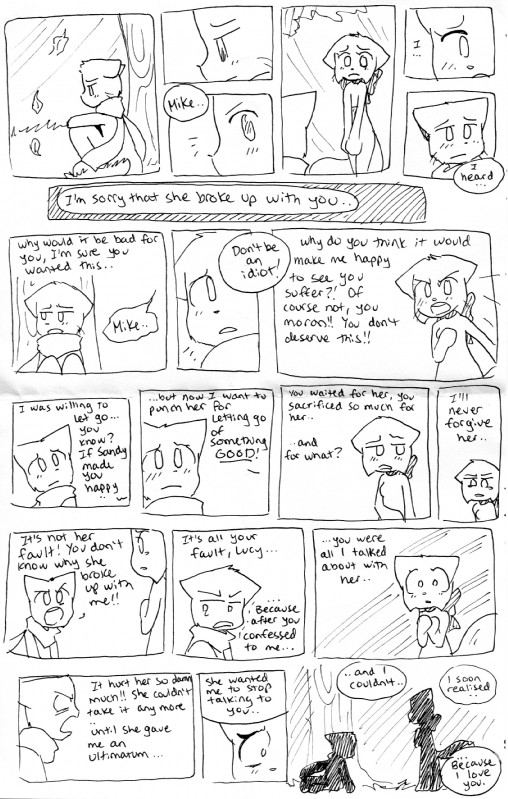 anthro dialogue female male male/female text taeshi_(artist) bittersweet_candy_bowl lucy_(bcb) mike_(bcb) domestic_cat felid feline felis khao_manee korat_cat mammal black_and_white comic english_text hi_res monochrome