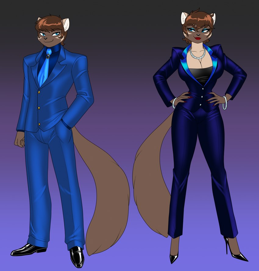 anthro big_breasts blue_eyes blue_eyeshadow bottomwear bracelet breasts brown_hair business_suit clothing duo eyeshadow female footwear gem gradient_background hair hand_in_pocket hands_on_hips high_heels jewelry lipstick makeup male necklace necktie pants pockets red_lipstick shirt shoes simple_background small_waist suit tail topwear crovirus adrian_(crovirus) adrienne_(crovirus) gulonine mammal marten mustelid musteline pine_marten 2024 hi_res