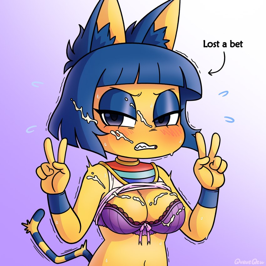 anthro big_breasts blue_hair blush bob_cut bodily_fluids bra breasts cleavage clenched_teeth clothed clothing clothing_lift cum cum_in_hair cum_on_breasts cum_on_face double_v_sign dress dress_lift egyptian egyptian_clothing eyelashes eyeshadow female fur genital_fluids gesture gradient_background hair hand_gesture hands_up inner_ear_fluff looking_aside makeup markings navel open_mouth purple_background purple_eyes ring_(marking) ringed_tail shaking sharp_teeth short_hair simple_background solo striped_markings striped_tail stripes sweat sweatdrop tail tail_markings teeth text tuft underwear upper_body usekh v_sign yellow_body yellow_fur queueqew animal_crossing nintendo ankha_(animal_crossing) domestic_cat felid feline felis mammal 1:1 english_text hi_res