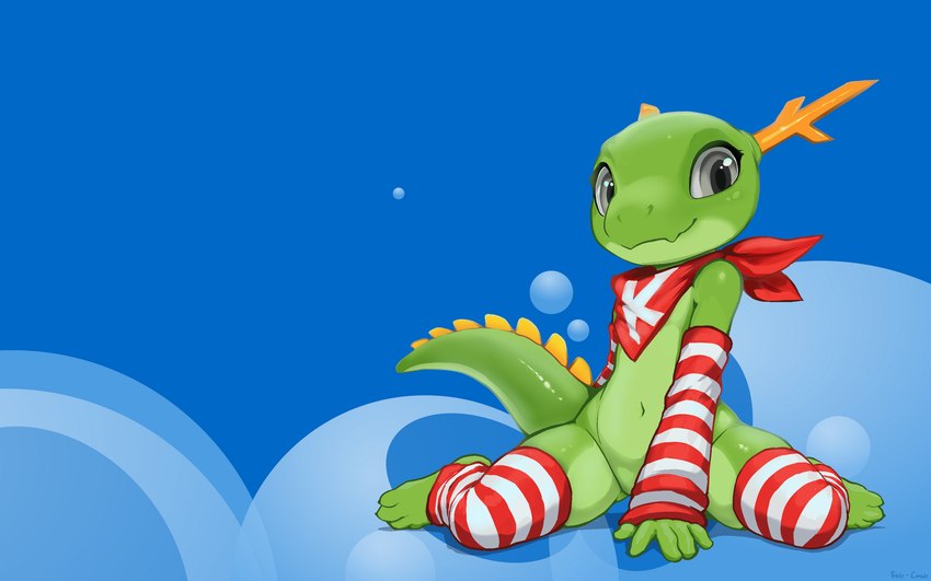 anthro blue_background clothing green_body green_scales legwear looking_at_viewer male scales simple_background solo stockings flute_(artist) kde mythology konqi dragon mythological_creature mythological_scalie scalie 16:10 hi_res widescreen