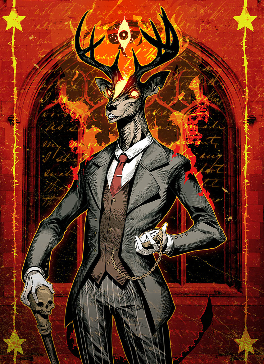 abstract_art anthro antlers bared_teeth black_clothing black_suit bone cane clock clothing fire gloves glowing glowing_eyes handwear horn male necktie pocketwatch red_background red_necktie religious_motif religious_symbols simple_background skull solo star suit teeth three_piece_suit topwear vest watch white_clothing white_gloves white_handwear genzoman deer demon mammal cross-hatching hatching_(art) hi_res shaded