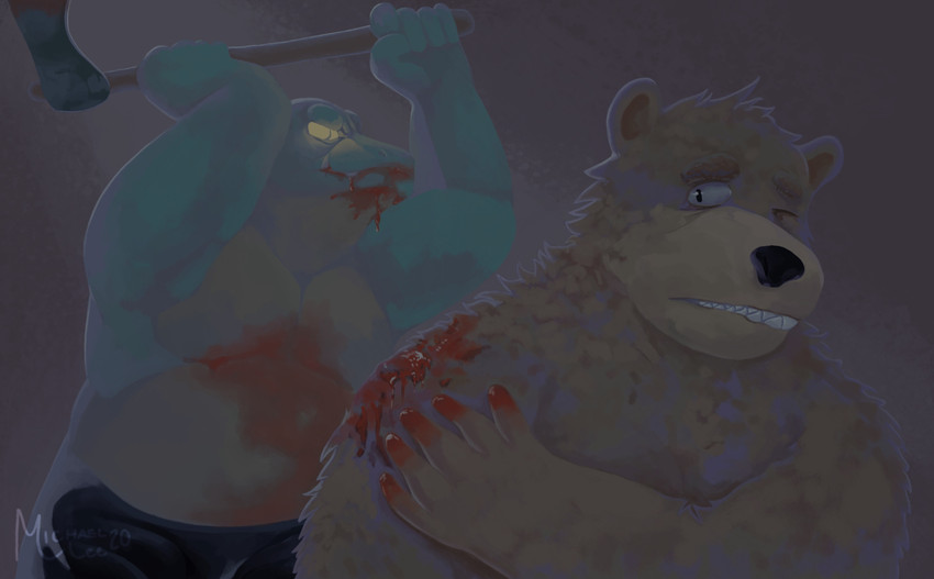 anthro axe black_nose blood bodily_fluids bottomwear brown_body brown_fur clothing duo felling_axe fur male melee_weapon overweight overweight_male shorts weapon gayredalligator password_(visual_novel) dean_(password) sal_(password) bear brown_bear crocodile crocodilian mammal reptile scalie ursine 2020 hi_res