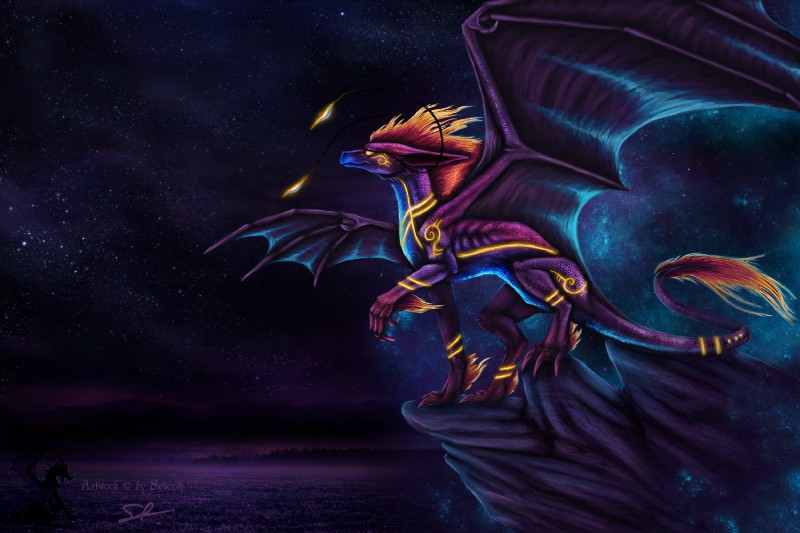 ambiguous_gender claws detailed_background feral hair membrane_(anatomy) membranous_wings nude scales sky smile solo standing star starry_sky tail wings neytirix selianth mythology nei_(neytirix) dragon mythological_creature mythological_scalie scalie 3:2