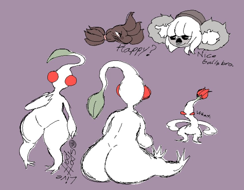 ambiguous_gender anthro big_butt butt butt_focus dialogue featureless_crotch group nude pear-shaped_figure plant red_eyes sitting text thick_thighs wide_hips spotpot_live nintendo pikmin brie_(vetarix) smudge_(spotpot_live) amphibian elemental_creature flora_fauna koala mammal marsupial pikmin_(species) salamander vombatiform white_pikmin featureless_(disambiguation) english_text hi_res