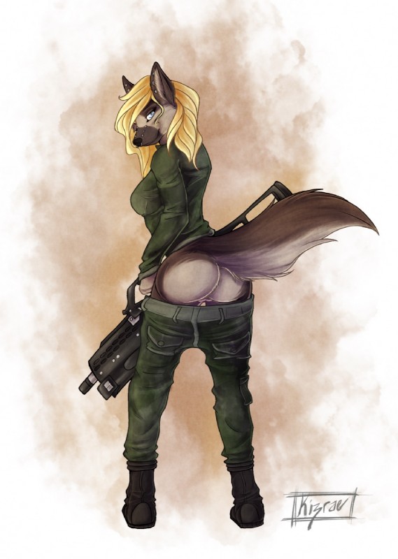 anthro blonde_hair butt clothed clothing female fingers fully_clothed g36 genitals glowing glowing_eyes gun hair heterochromia holding_object holding_weapon looking_at_viewer nipples nude pussy ranged_weapon rifle simple_background smile solo standing uniform weapon kizrae natasha_klopov canid canine canis domestic_dog german_shepherd herding_dog mammal pastoral_dog digital_media_(artwork) hi_res