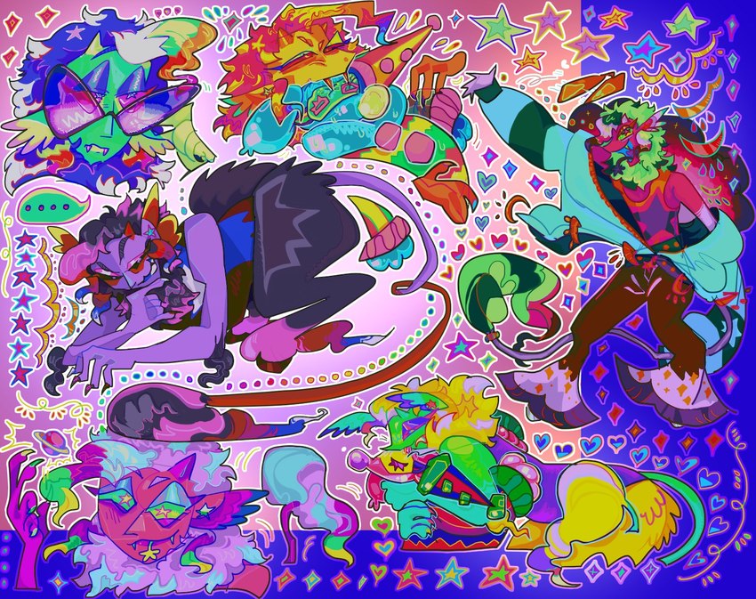 abstract_background ambiguous_gender eyewear glasses lips purple_body purple_skin smile solo tail guncht humanoid tailed_humanoid colorful_theme hi_res sketch_page