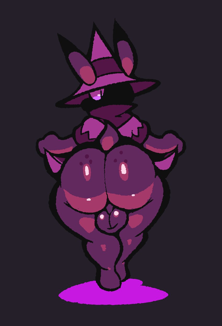 anthro backsack balls big_butt butt clothing clothing_pull freckled_butt freckles genitals hat headgear headwear male presenting presenting_hindquarters purple_body purple_eyes raised_tail robe scrotum_flap shadow_face solo tail tall_ears teapot_(body_type) thick_thighs wizard_hat berryofmalice lagomorph mammal hi_res