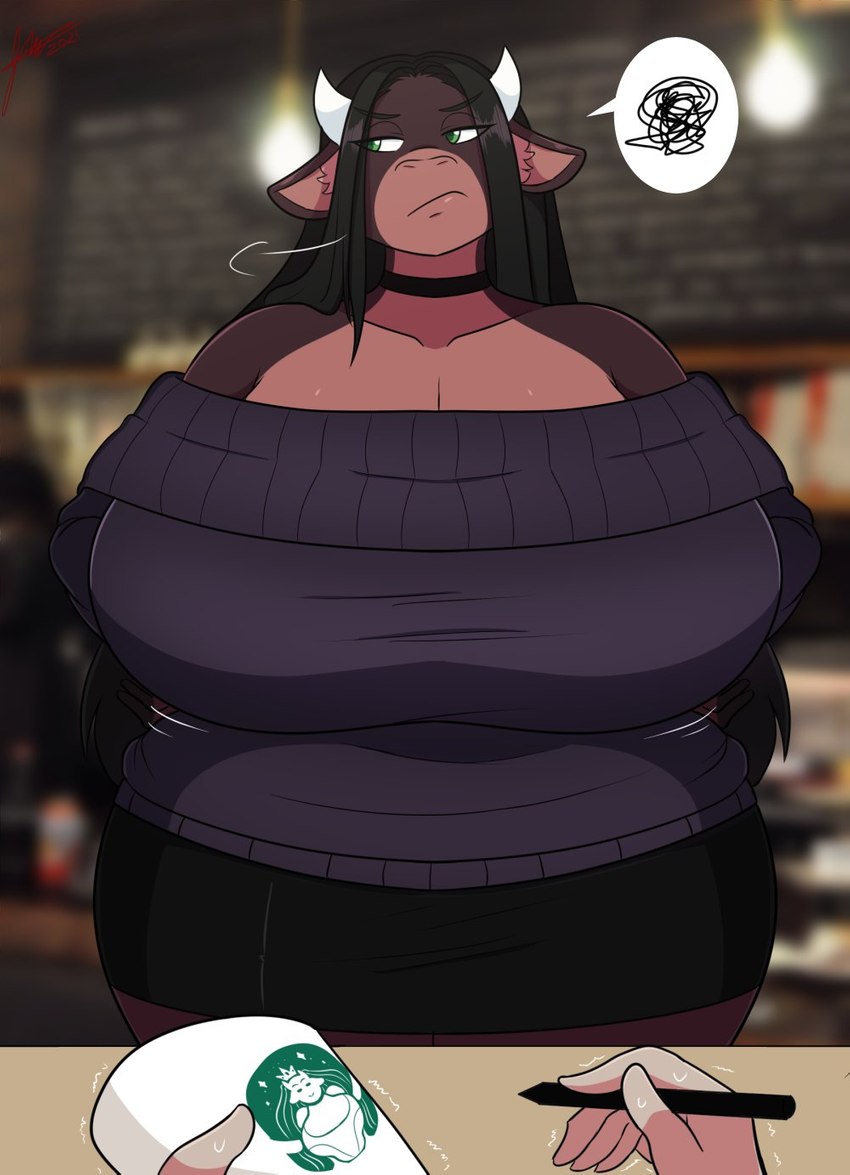 anthro big_breasts breasts clothed clothing female hair huge_breasts hyper hyper_breasts offscreen_character solo jwinkz starbucks summer_(jwinkz) bovid bovine cattle mammal 2021 hi_res