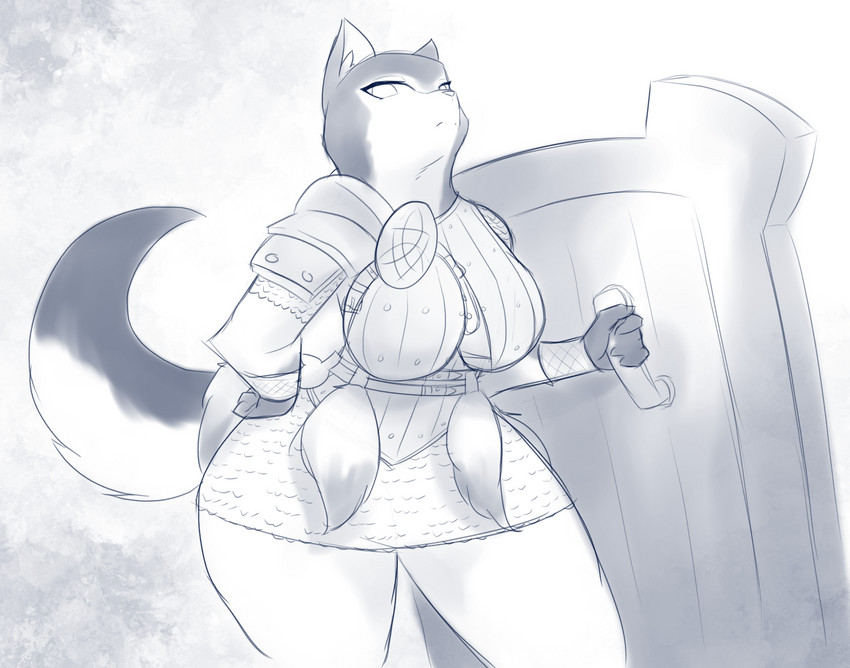 anthro armor big_breasts breasts female frown looking_at_viewer shield simple_background solo thick_thighs ihara armello league_of_geeks magna_(armello) canid canine canis mammal wolf blue_and_white digital_media_(artwork) hi_res monochrome source_request