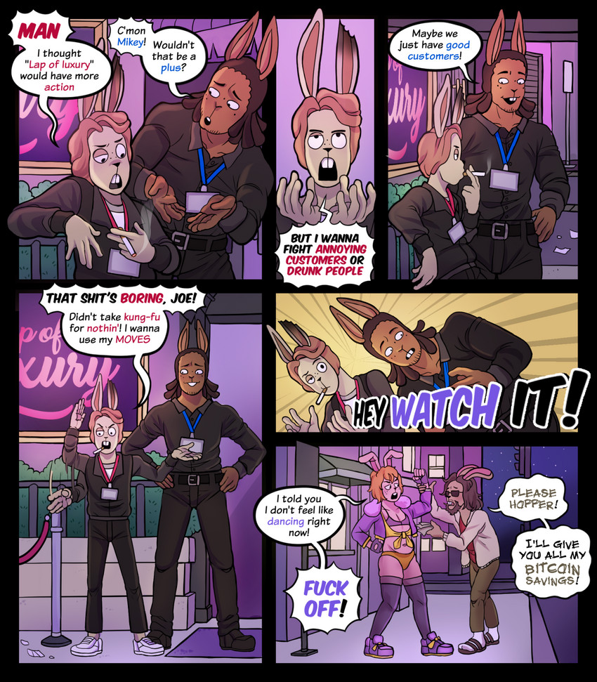 anthro bouncer clothed clothing crossdressing femboy fur hair male profanity text ponehanon lap_of_luxury hopper_(ponehanon) mikey_(ponehanon) lagomorph leporid mammal rabbit comic digital_media_(artwork) english_text hi_res