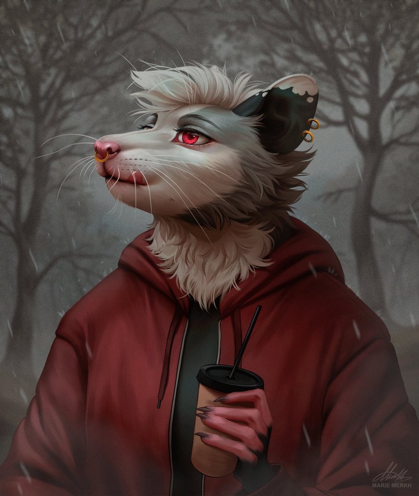 anthro beverage black_clothing black_ears black_topwear cheek_tuft clothed clothing ear_piercing ear_ring eyelashes facial_piercing facial_tuft female front_view fur glistening glistening_eyes grey_body grey_fur hair holding_beverage holding_object jacket licking licking_lips licking_own_lips mouth_closed neck_tuft nose_piercing nose_ring piercing pink_nose red_clothing red_eyes red_jacket red_tongue red_topwear ring_piercing septum_piercing septum_ring short_hair solo tongue tongue_out topwear tuft whiskers white_body white_ears white_fur white_hair marie_merkh american_opossum mammal marsupial virginia_opossum artist_name hi_res signature