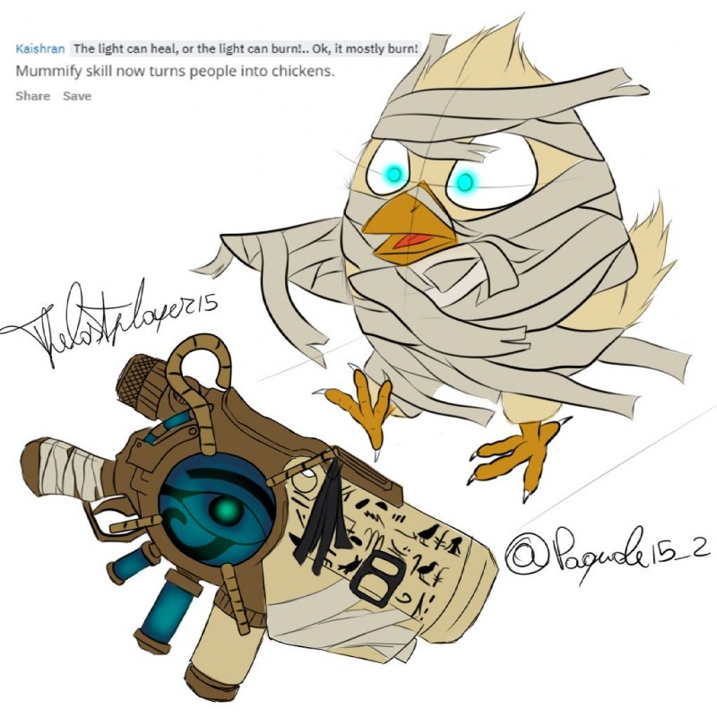 ambiguous_gender eye_of_horus hieroglyphics linen linen_wrap potion_launcher ranged_weapon solo staff text weapon whip pakyart15 hi-rez_studios paladins_(game) reddit avian bird chicken galliform gallus_(genus) mummy phasianid undead 1:1 2018 english_text signature