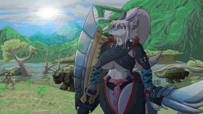 anthro armband armor big_breasts bone bone_necklace breasts charge_blade clothing detailed_background ear_piercing female feral fishnet_clothing forest green_eyes grey_hair hair huge_breasts jewelry lens_flare melee_weapon mountain nature necklace non-mammal_breasts outside panties piercing plant ponytail shield solo swamp sword tail thick_thighs tree under_boob underwear weapon wide_hips bludragoon capcom monster_hunter mythology flayra avian bird dragon flamingo herbivore_(mh) mythological_creature mythological_scalie scalie slagtoth 16:9 widescreen