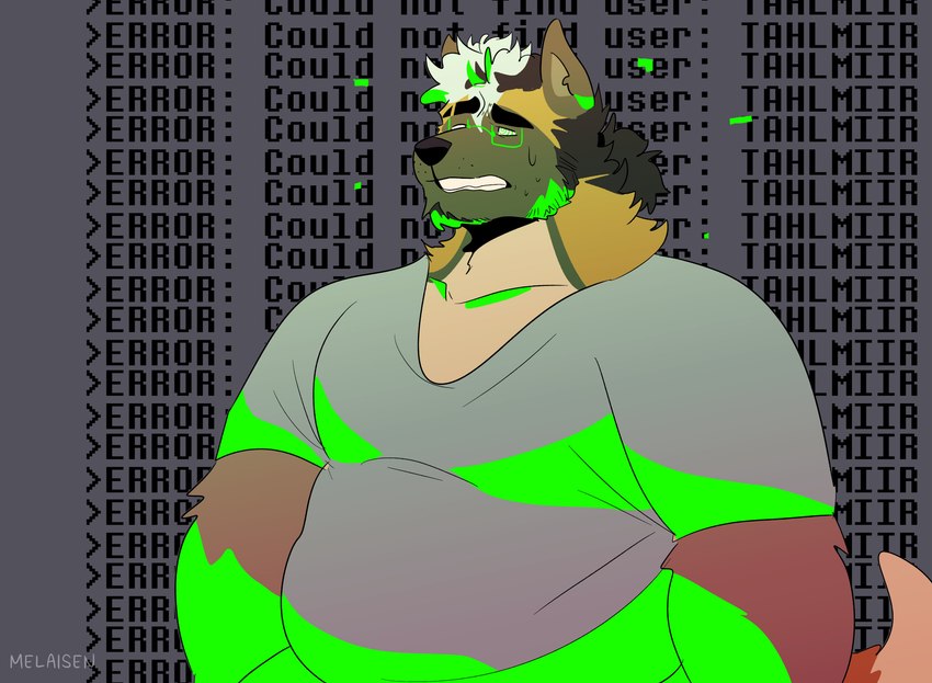 anthro black_nose brown_body brown_fur brown_hair clenched_teeth clothing countershading error eyewear fur glasses green_eyewear green_glasses green_glow grey_background grey_clothing grey_shirt grey_t-shirt grey_topwear hair hypnosis male mind_control orange_body orange_fur orange_tail overweight overweight_anthro overweight_male ponytail shirt simple_background solo spiral_eyes t-shirt tail tan_body tan_countershading tan_fur tan_tail teeth text text_background topwear transformation melaisen bau_(melaisen) tahlmiir akita american_akita canid canine canis domestic_dog mammal spitz 2022 absurd_res artist_name cel_shading comic digital_drawing_(artwork) digital_media_(artwork) english_text half-length_portrait hi_res one_panel_comic portrait shaded nonbinary_(lore)