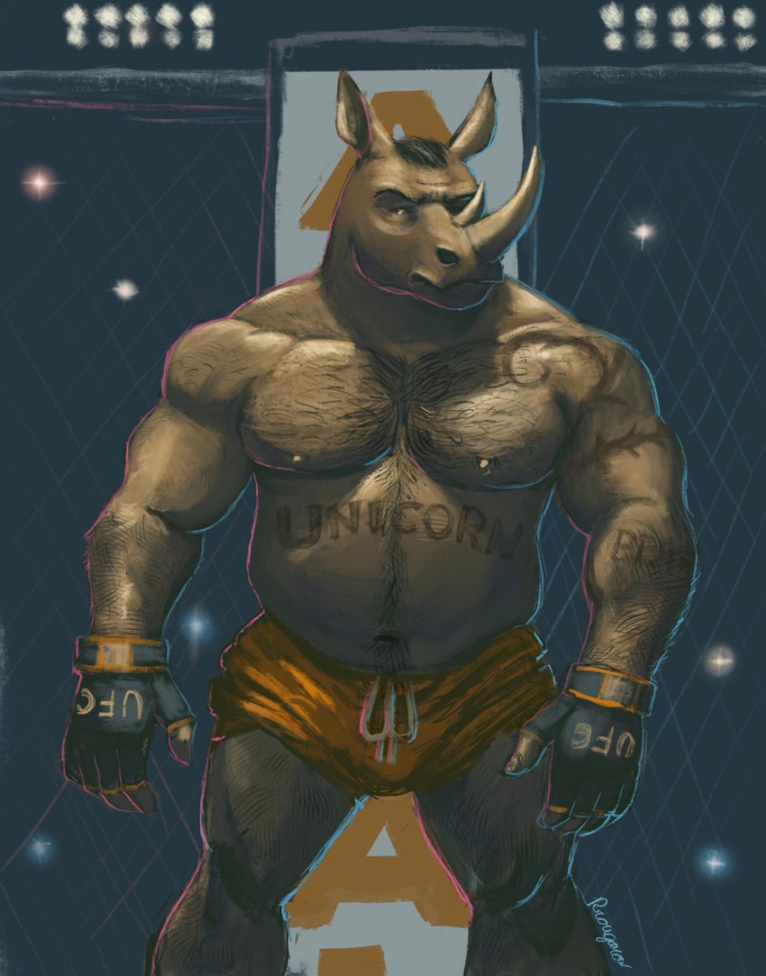 anthro body_hair bottomwear chest_hair clothed clothing drawstring fighting_ring fingerless_gloves gloves handwear happy_trail horn hotpants male martial_arts muscular nipples shorts shorts_only solo tattoo topless rrougarou1 ufc mammal rhinoceros hi_res